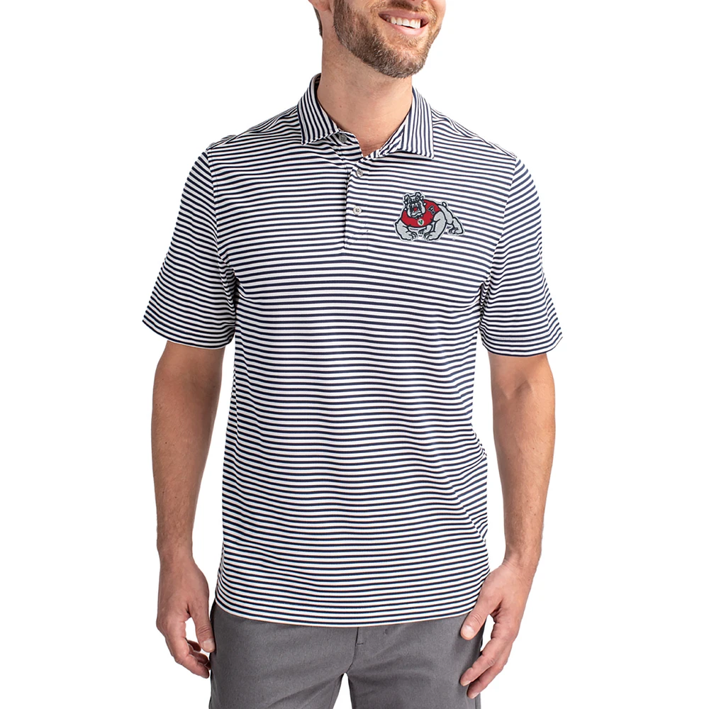 Men's Cutter & Buck Navy Fresno State Bulldogs Virtue Eco Pique Stripe Recycled DryTec Polo