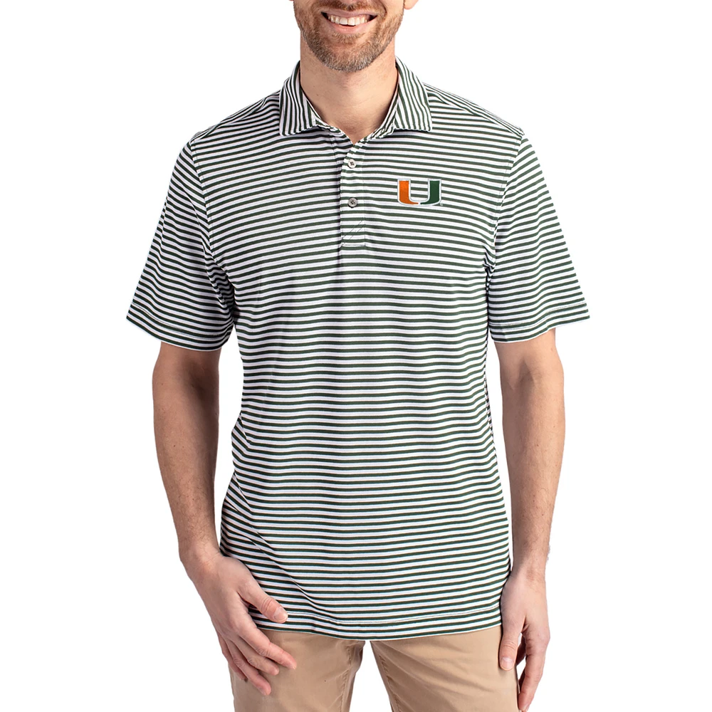 Men's Cutter & Buck Miami Hurricanes Virtue Eco Pique Stripe Recycled DryTec Polo
