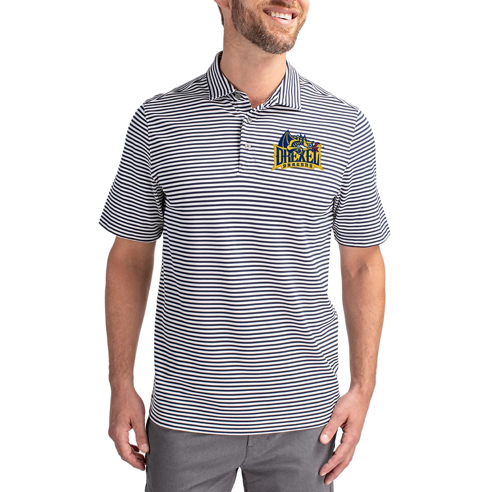 Men's Cutter & Buck Navy Drexel Dragons Virtue Eco Pique Stripe Recycled DryTec Polo