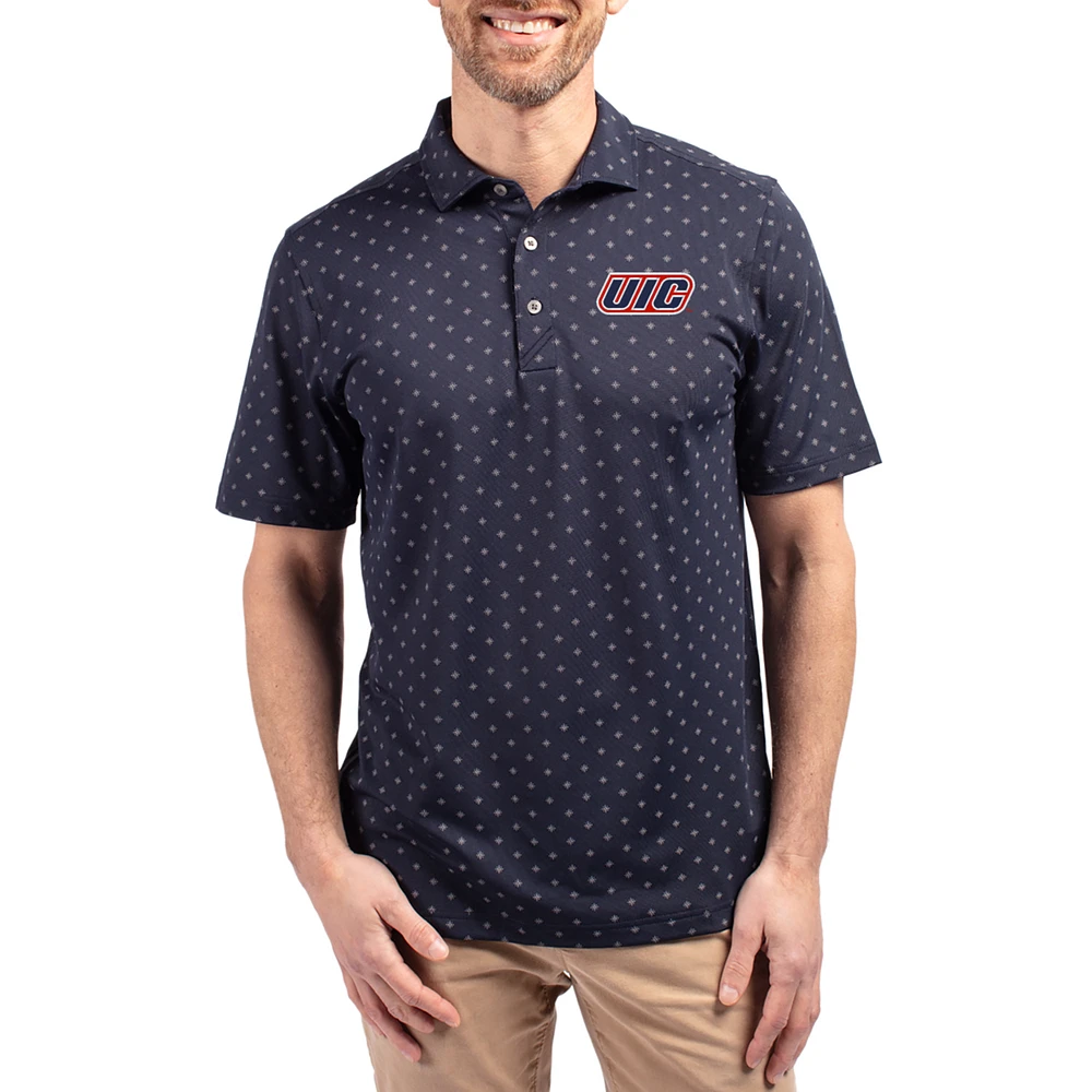 Men's Cutter & Buck Navy UIC Flames Virtue Eco Pique Tile Print Recycled DryTec Polo