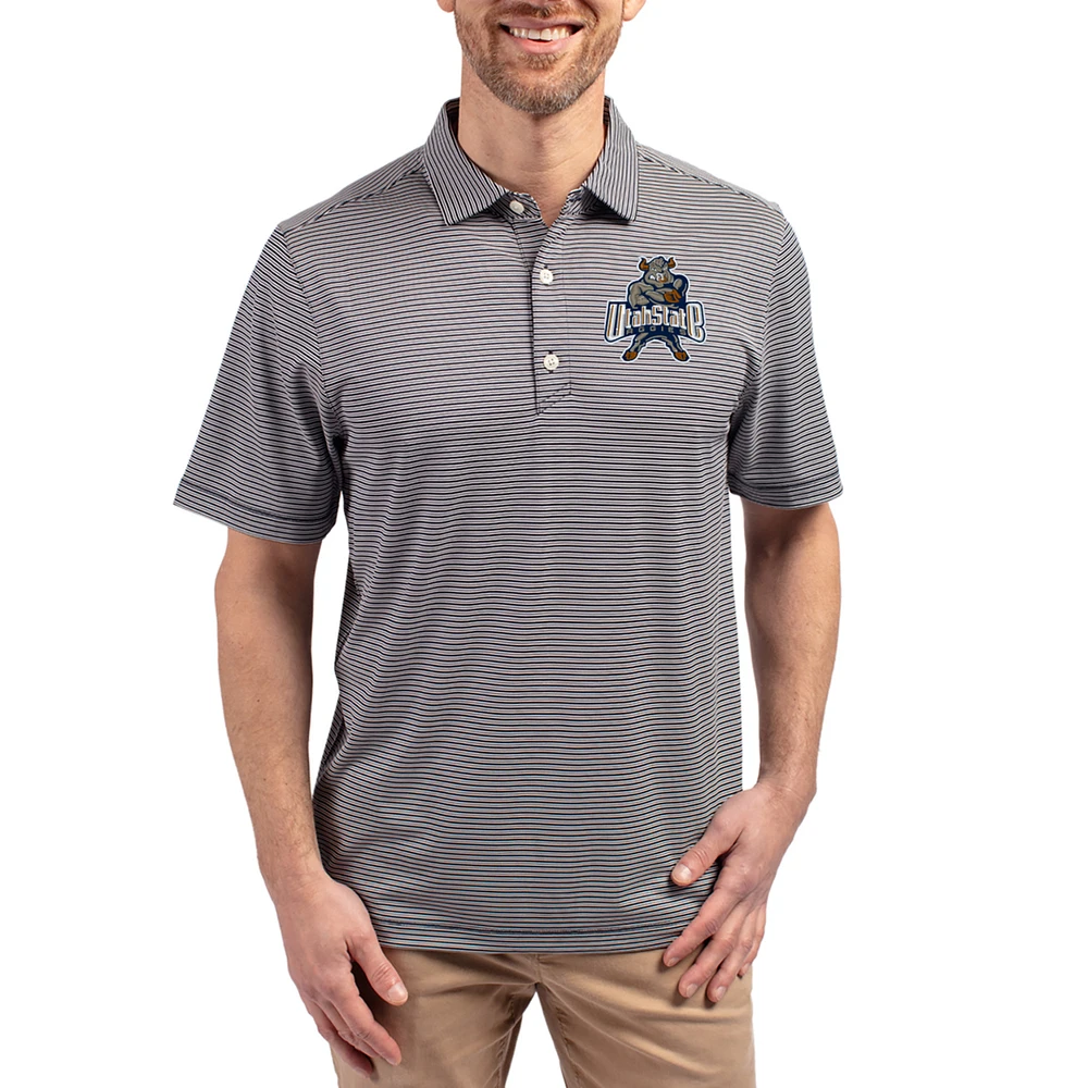 Men's Cutter & Buck Navy Utah State Aggies Forge Alumni Eco Double Stripe Stretch Recycled Polo