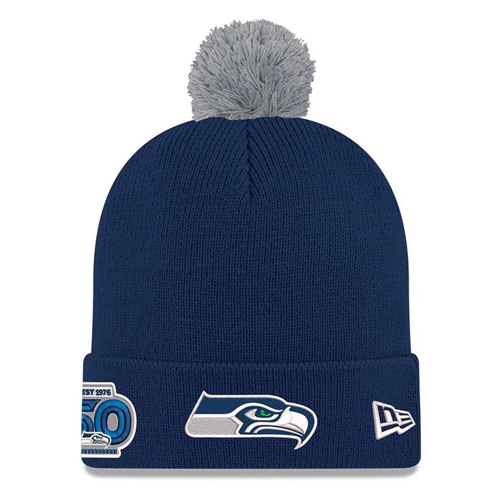 Men's New Era College Navy Seattle Seahawks 50th Anniversary Cuffed Pom Knit Hat