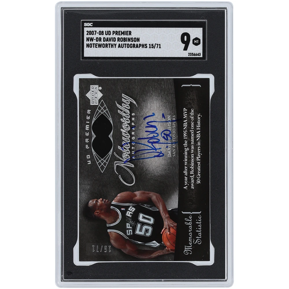 David Robinson San Antonio Spurs Autographed 2007-08 Upper Deck Premier Noteworthy Autograph #NW-DR #15/71 SGC Authenticated 9 Card