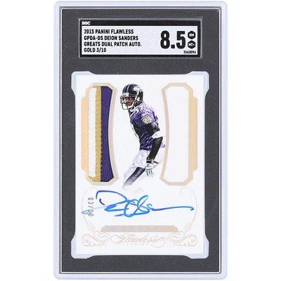 Deion Sanders Baltimore Ravens Autographed 2015 Panini Flawless Gold Greats Dual Patch Autograph 3 Color Relic #GPDA-DS #3/10 SGC Authenticated 8.5 Card
