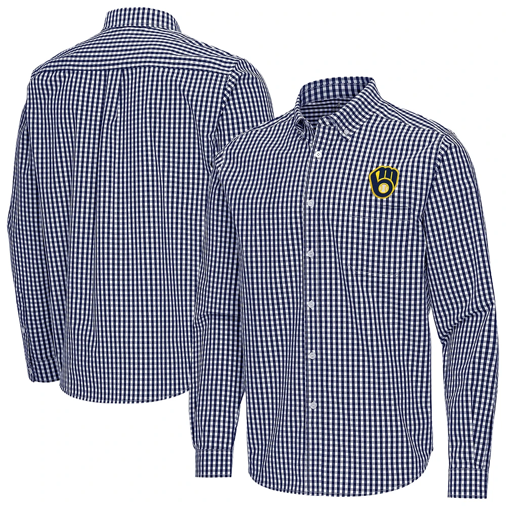 Men's Antigua Navy Milwaukee Brewers Ellis Woven Tri-Blend Button-Down Shirt