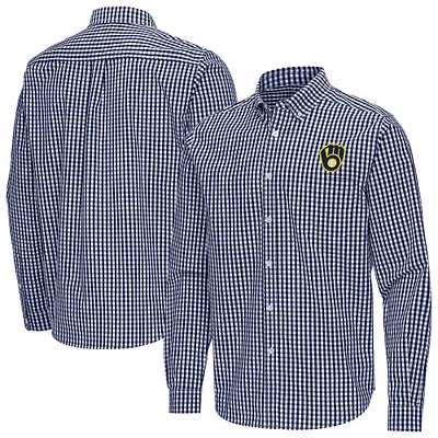 Men's Antigua Navy Milwaukee Brewers Ellis Woven Tri-Blend Button-Down Shirt