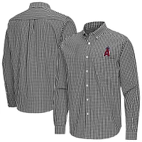 Men's Antigua Black Los Angeles Angels Ellis Woven Tri-Blend Button-Down Shirt