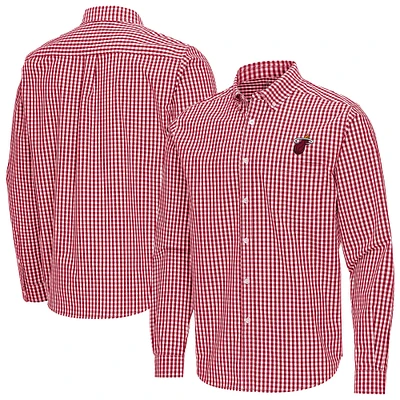 Men's Antigua Cardinal Miami Heat Ellis Woven Tri-Blend Button-Down Shirt