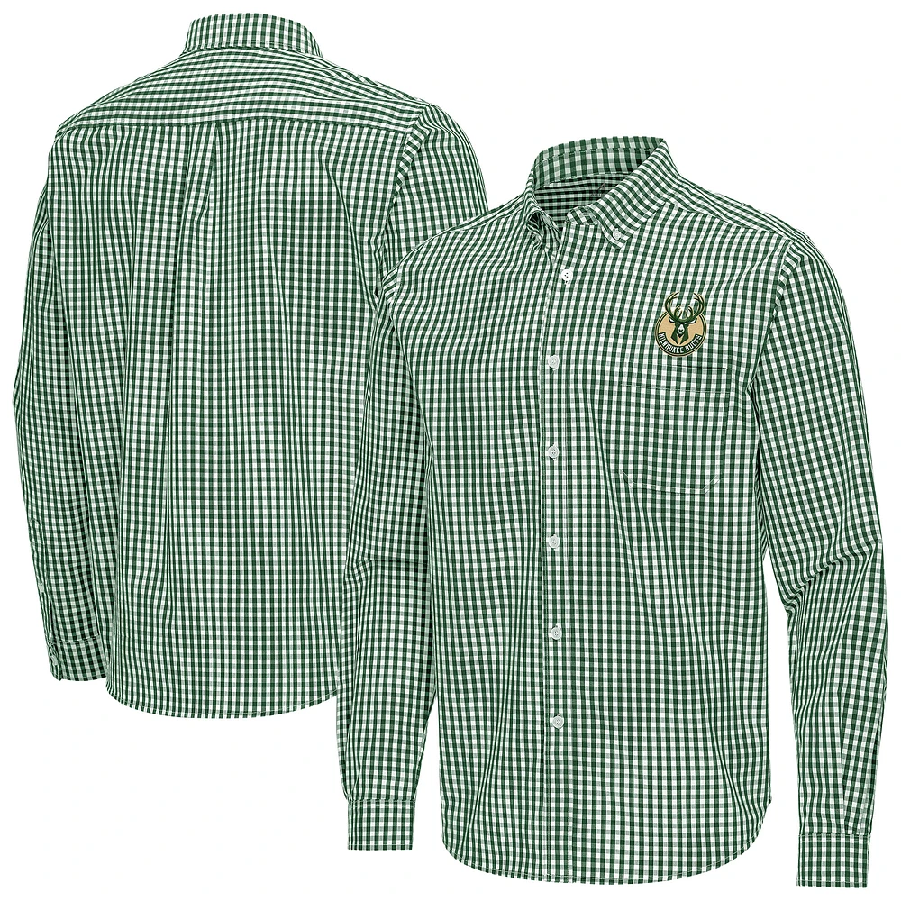 Men's Antigua Hunter Green Milwaukee Bucks Ellis Woven Tri-Blend Button-Down Shirt