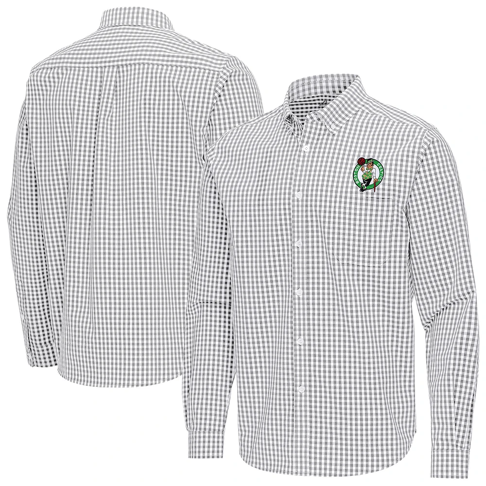 Men's Antigua Gray Boston Celtics Ellis Woven Tri-Blend Button-Down Shirt