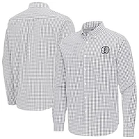 Men's Antigua Gray Brooklyn Nets Ellis Woven Tri-Blend Button-Down Shirt