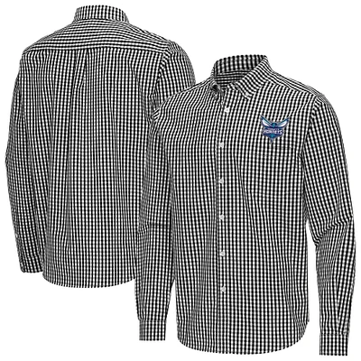 Men's Antigua Black Charlotte Hornets Ellis Woven Tri-Blend Button-Down Shirt