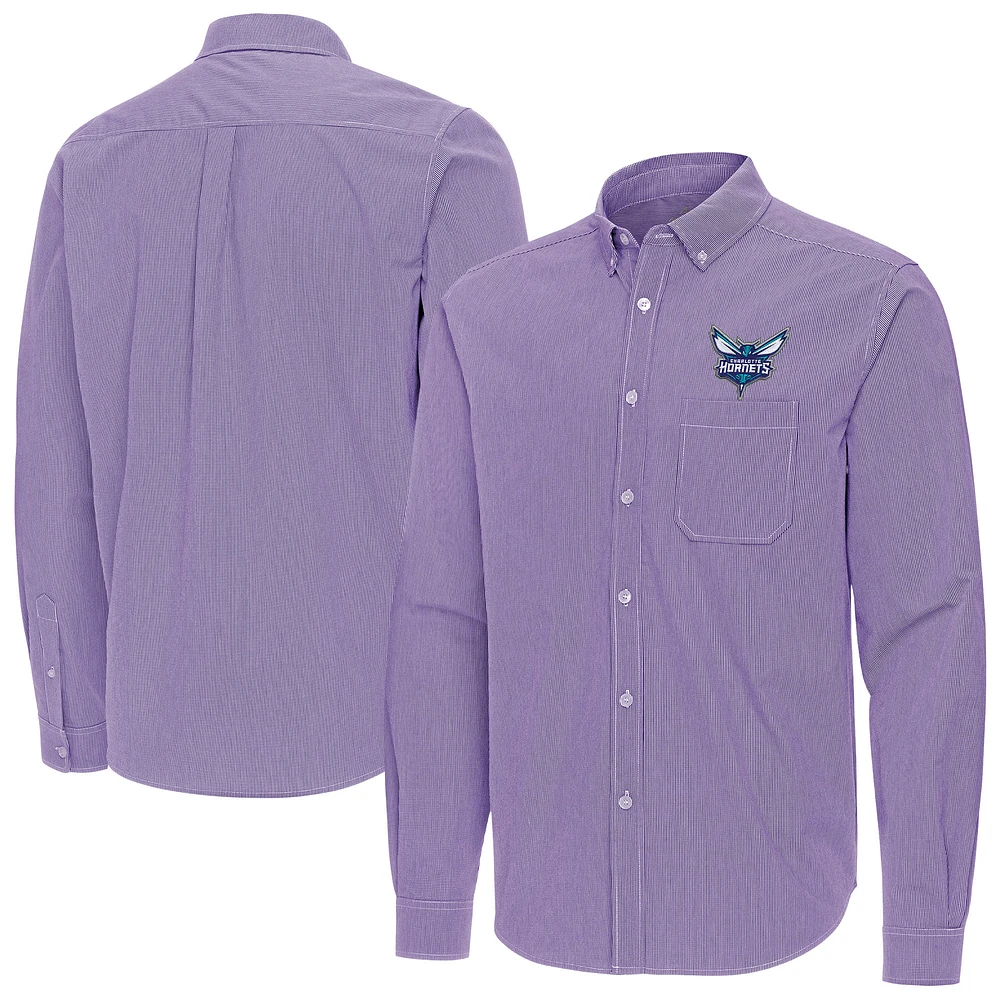 Men's Antigua Purple Charlotte Hornets Porter Woven Long Sleeve Button-Down Shirt