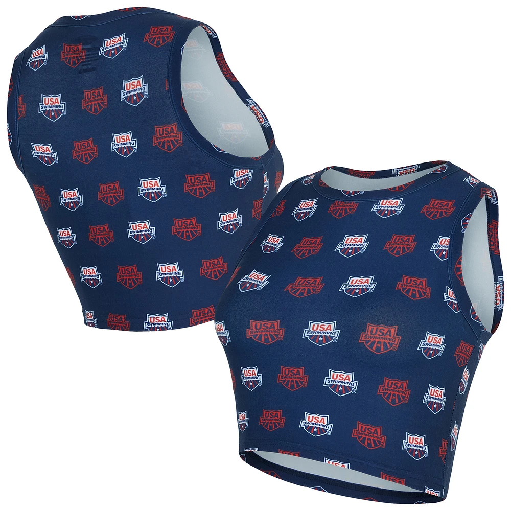 Women's Concepts Sport Navy USA Swimming Record All Over Print Cropped Tank Top