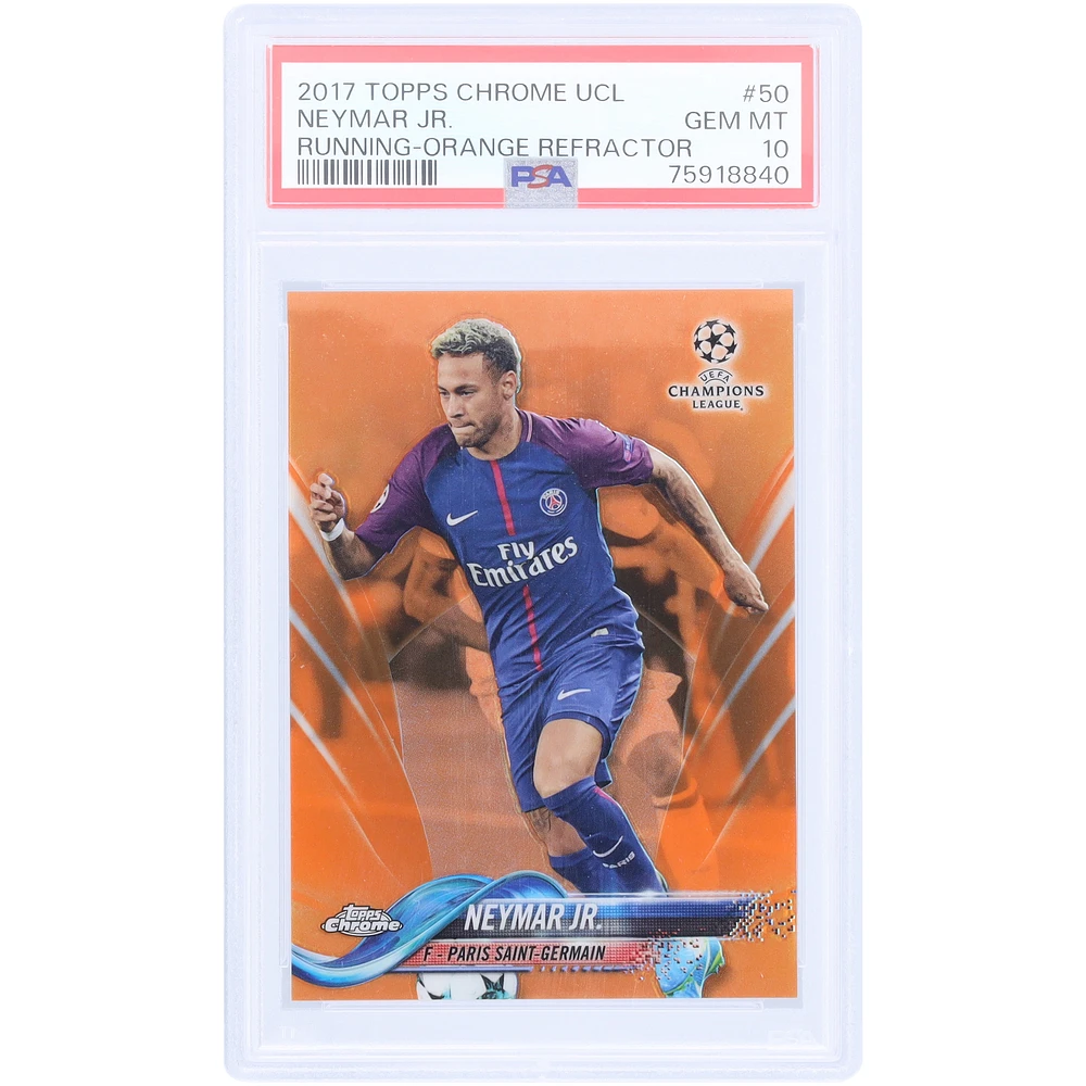Neymar Jr. Paris Saint-Germain 2017 Topps Chrome UCL Running Orange Refractor #50 #13/25 PSA Authenticated 10 Card