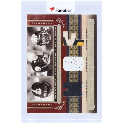 Franco Harris, Terry Bradshaw and John Stallworth Pittsburgh Steelers 2006 Playoff National Treasures Triple Game Used Relics #MT-HBS #19/25 Card