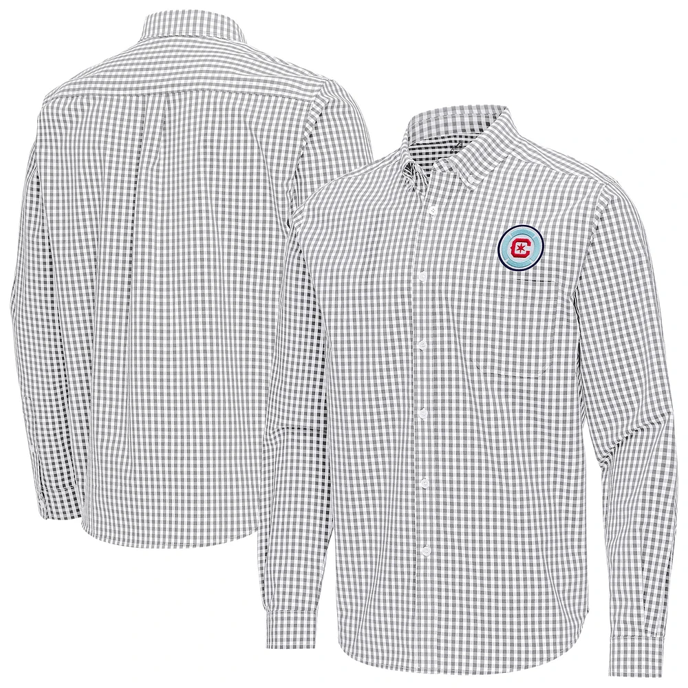 Men's Antigua Gray Chicago Fire Ellis Tri-Blend Long Sleeve Button-Down Shirt