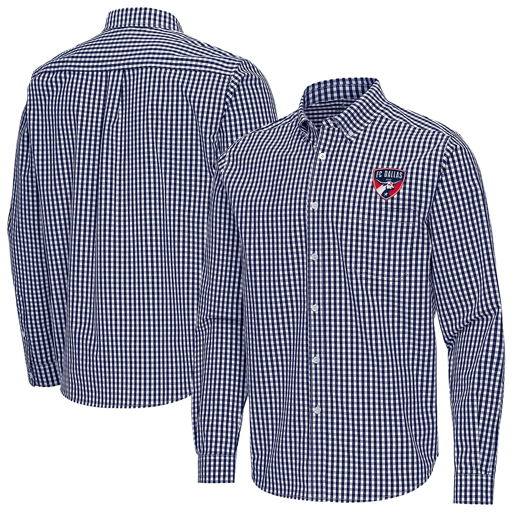 Men's Antigua Navy FC Dallas Ellis Tri-Blend Long Sleeve Button-Down Shirt