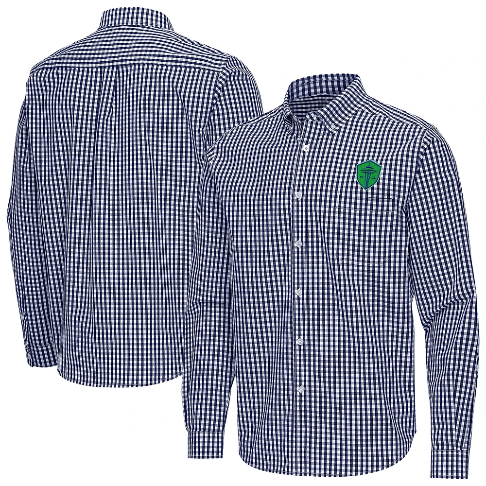 Men's Antigua Navy Seattle Sounders FC Ellis Tri-Blend Long Sleeve Button-Down Shirt