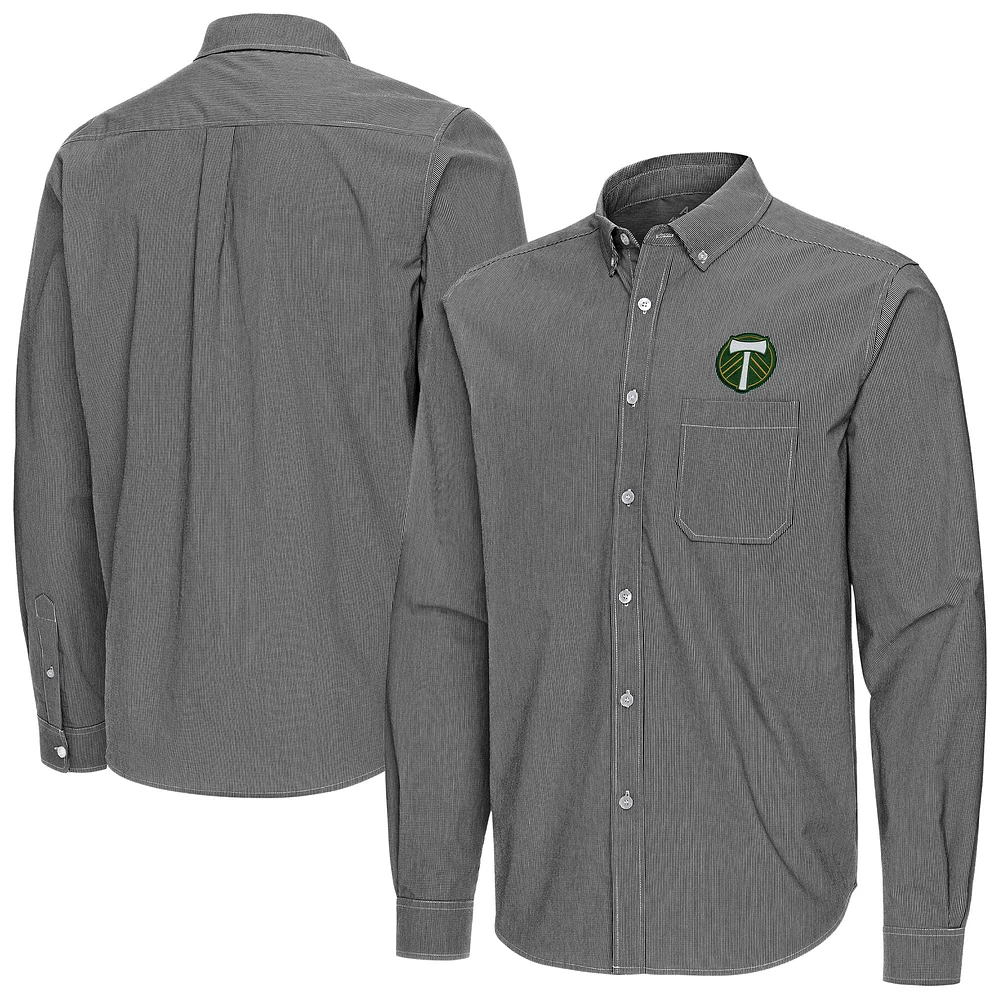 Men's Antigua Black Portland Timbers Porter Woven Tri-Blend Long Sleeve Button-Down Shirt