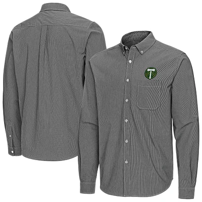 Men's Antigua Black Portland Timbers Porter Woven Tri-Blend Long Sleeve Button-Down Shirt