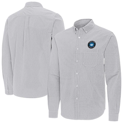 Men's Antigua Gray Charlotte FC Porter Woven Tri-Blend Long Sleeve Button-Down Shirt
