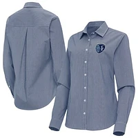 Women's Antigua Navy Sporting Kansas City Porter Woven Tri-Blend Long Sleeve Button-Up Shirt