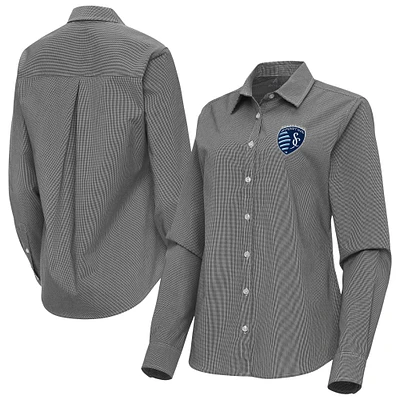 Women's Antigua Sporting Kansas City Porter Woven Tri-Blend Long Sleeve Button-Up Shirt