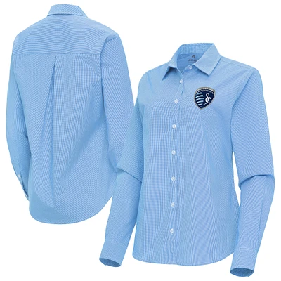 Women's Antigua Sky Blue Sporting Kansas City Porter Woven Tri-Blend Long Sleeve Button-Up Shirt