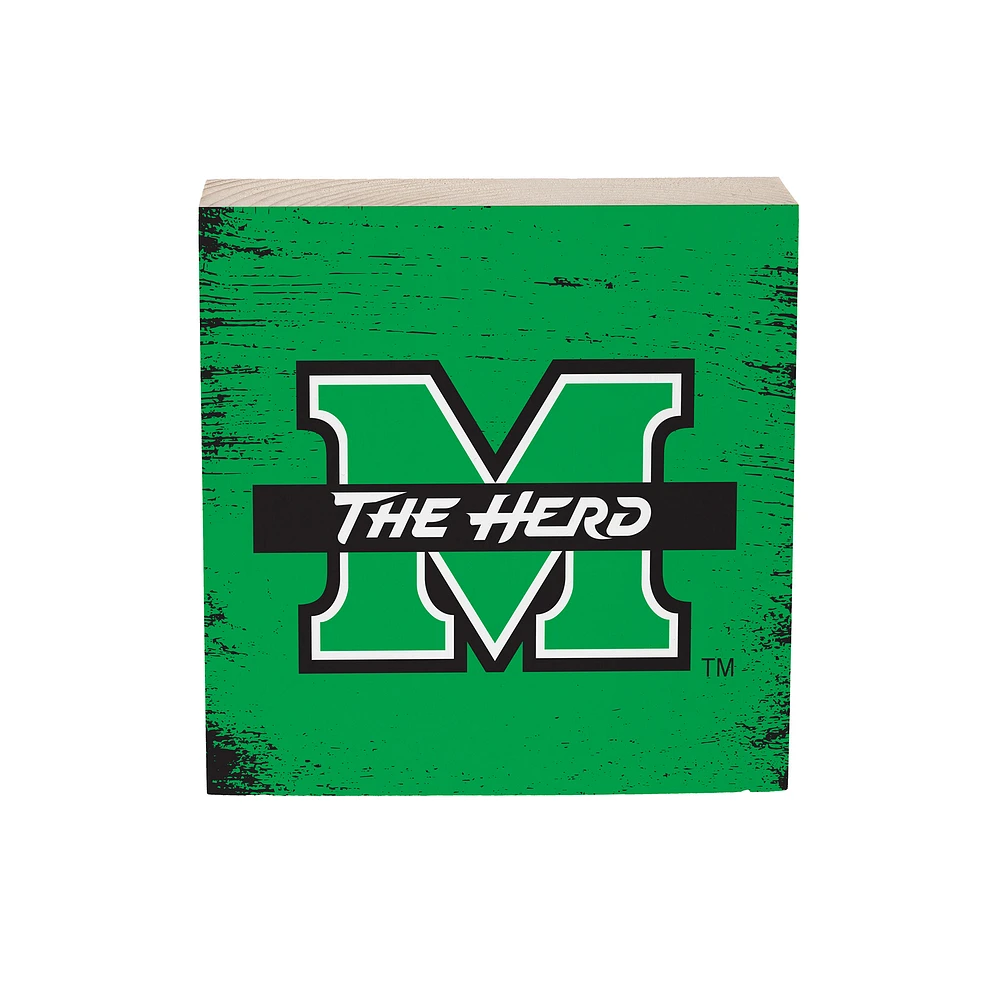 Marshall Thundering Herd 6" Square Fan Chant Wood Block Shelf Sign