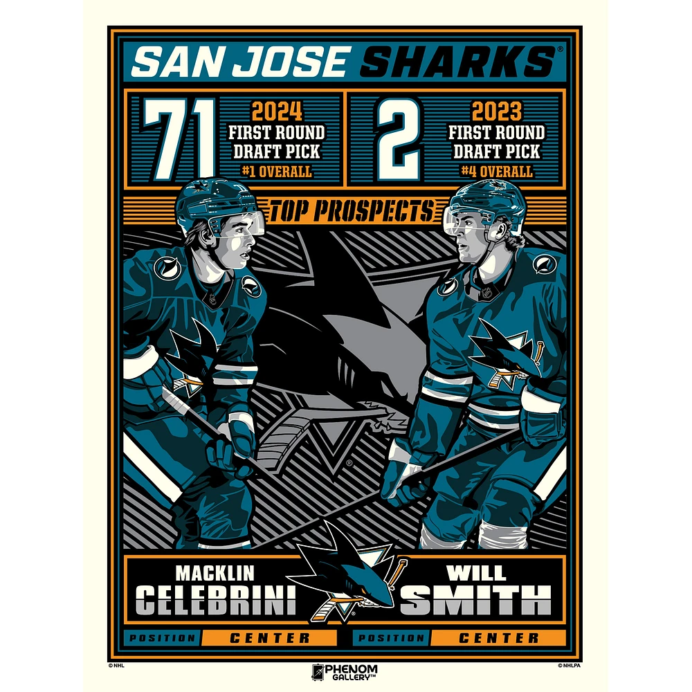 Phenom Gallery Macklin Celebrini & Will Smith San Jose Sharks 18" x 24" Serigraph