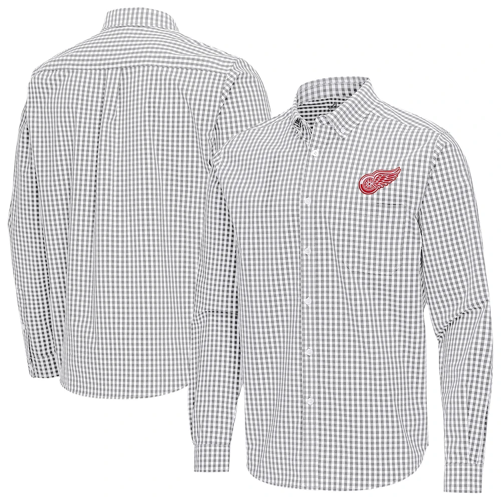 Men's Antigua Gray Detroit Red Wings Ellis Tri-Blend Long Sleeve Button-Down Shirt