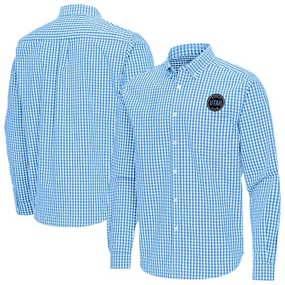 Men's Antigua Light Blue Utah Hockey Club Ellis Tri-Blend Long Sleeve Button-Down Shirt