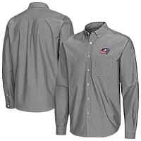 Men's Antigua Black Columbus Blue Jackets Porter Woven Tri-Blend Long Sleeve Button-Down Shirt