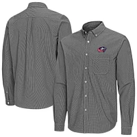 Men's Antigua Black Columbus Blue Jackets Porter Woven Tri-Blend Long Sleeve Button-Down Shirt