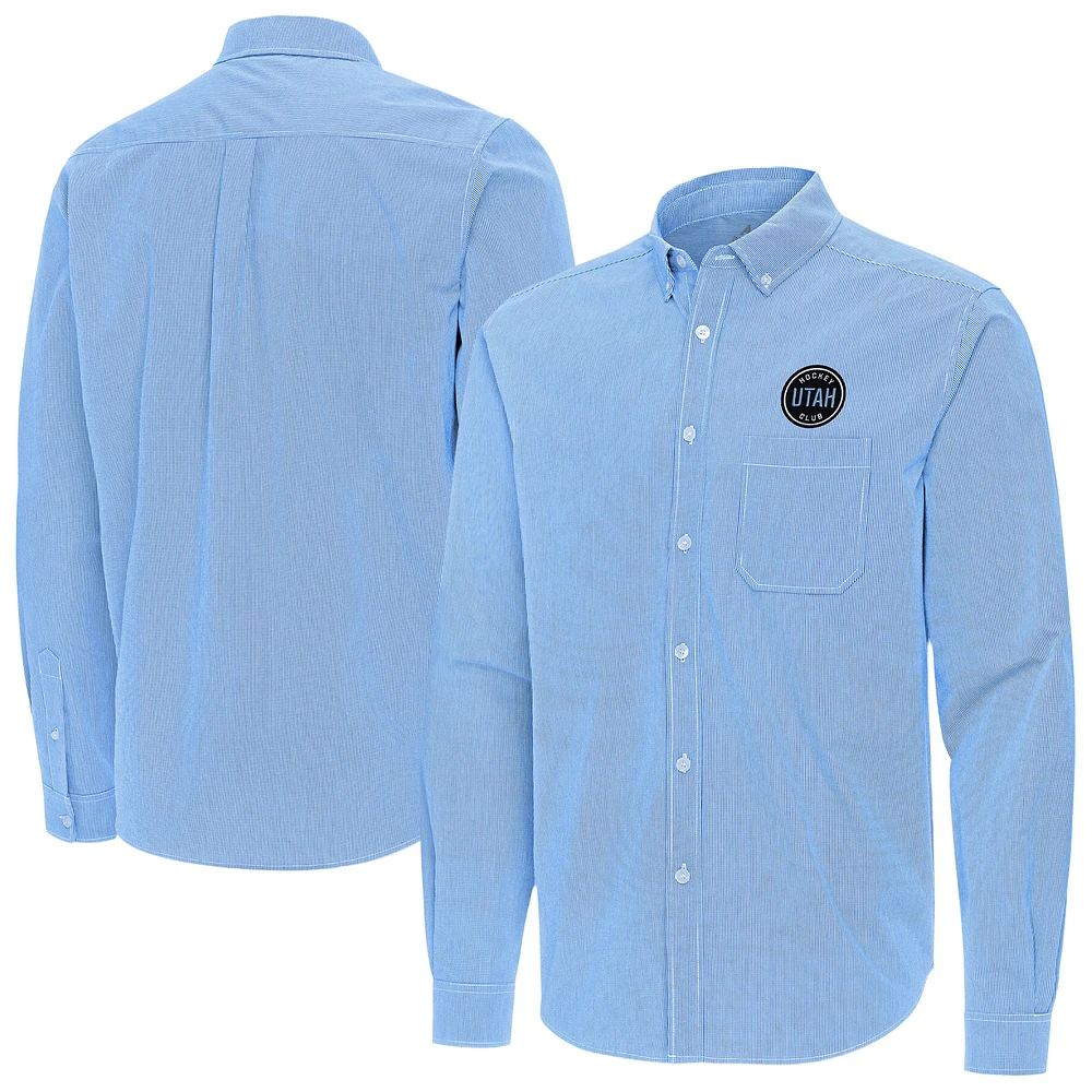 Men's Antigua Light Blue Utah Hockey Club Porter Woven Tri-Blend Long Sleeve Button-Down Shirt