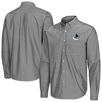 Men's Antigua Black Vancouver Canucks Porter Woven Tri-Blend Long Sleeve Button-Down Shirt