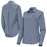 Women's Antigua Navy Nashville Predators Porter Woven Tri-Blend Long Sleeve Button-Up Shirt