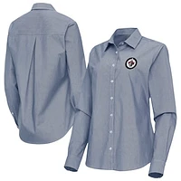 Women's Antigua Navy Winnipeg Jets Porter Woven Tri-Blend Long Sleeve Button-Up Shirt