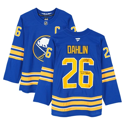 Rasmus Dahlin Buffalo Sabres Autographed Royal Fanatics Premium Jersey with "First Fanatics Jersey Signed" Inscription - Limited Edition #1/1