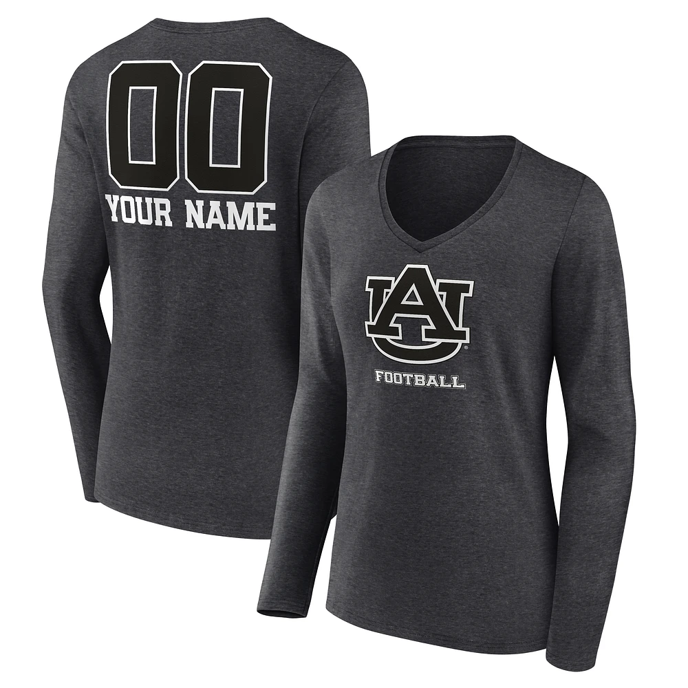Women's Charcoal Auburn Tigers Personalized Name & Number Monochrome Long Sleeve V-Neck T-Shirt