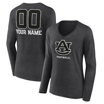 Women's Charcoal Auburn Tigers Personalized Name & Number Monochrome Long Sleeve V-Neck T-Shirt