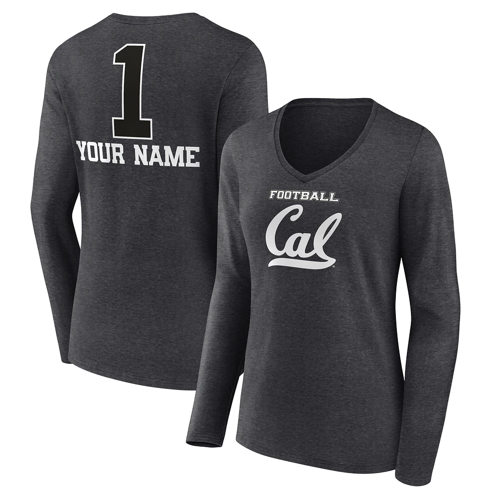 Women's Charcoal Cal Bears Personalized Any Name Monochrome Long Sleeve V-Neck T-Shirt