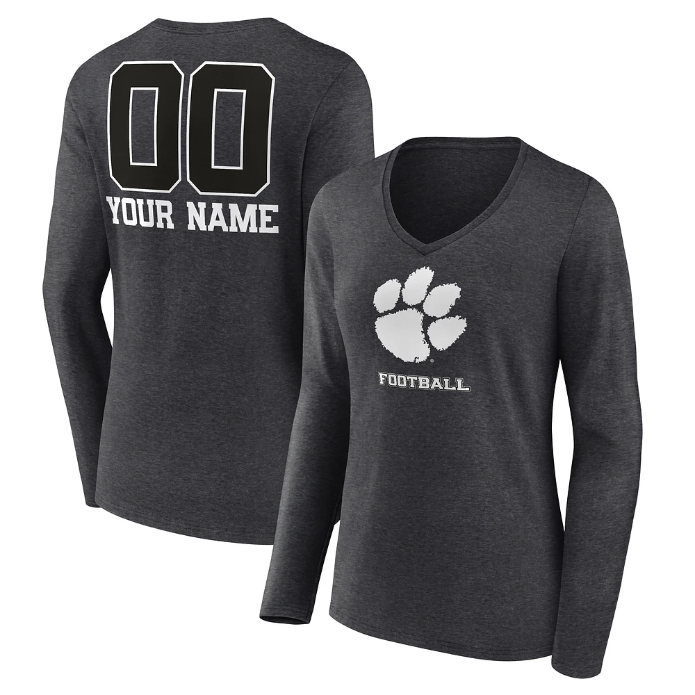 Women's Charcoal Clemson Tigers Personalized Name & Number Monochrome Long Sleeve V-Neck T-Shirt