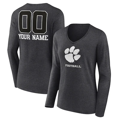 Women's Charcoal Clemson Tigers Personalized Name & Number Monochrome Long Sleeve V-Neck T-Shirt