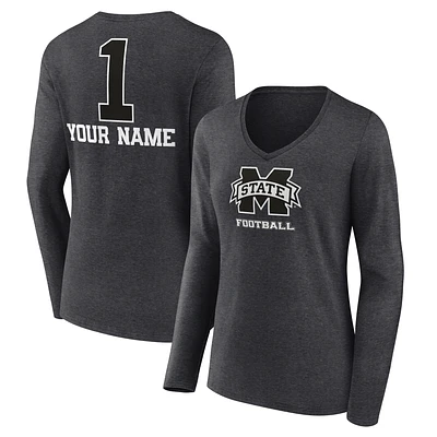 Women's Charcoal Mississippi State Bulldogs Personalized Any Name Monochrome Long Sleeve V-Neck T-Shirt