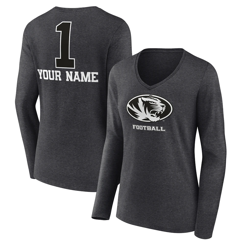 Women's Charcoal Missouri Tigers Personalized Any Name Monochrome Long Sleeve V-Neck T-Shirt