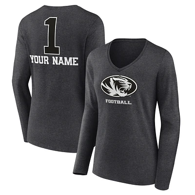Women's Charcoal Missouri Tigers Personalized Any Name Monochrome Long Sleeve V-Neck T-Shirt