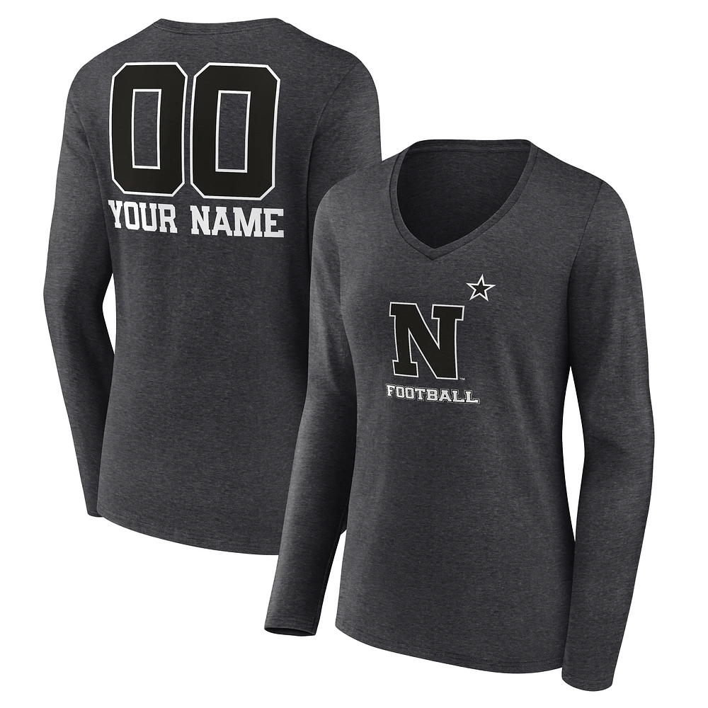 Women's Charcoal Navy Midshipmen Personalized Name & Number Monochrome Long Sleeve V-Neck T-Shirt