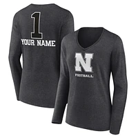Women's Charcoal Nebraska Huskers Personalized Any Name Monochrome Long Sleeve V-Neck T-Shirt